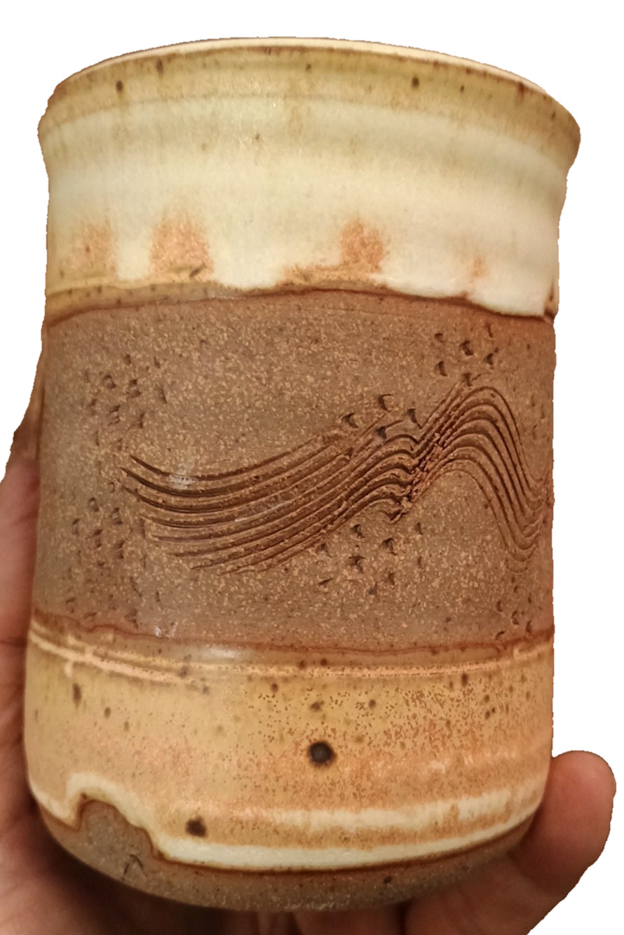 Vtg Artist STAMPED handmade stoneware pottery Tumbler OOAK Tan Beige Textured